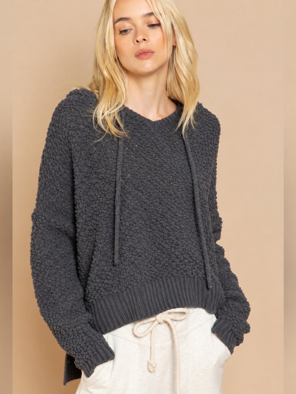 POL Charcoal Gray Drop Shoulder Popcorn High Low Drawstring Hoodie Sweater L